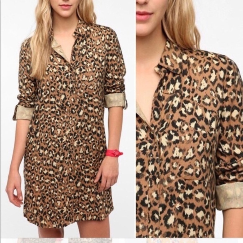 ECOTE Leopard Print Long Sleeve Shirt Dress | Size XS